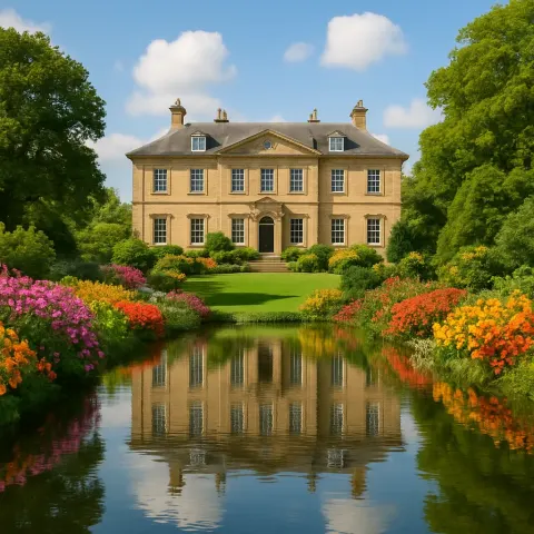 Grand Estate with a Reflective Pond in the Foreground
