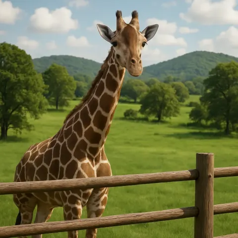 Giraffe Standing Behind a Wooden Fence in a Lush Open