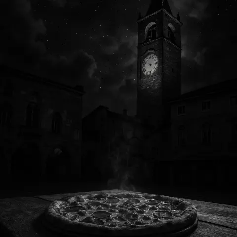 Black-and-white Nighttime Setting Showcases a Historic Clocktower