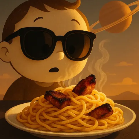 Innocent Character in Sunglasses Is Mesmerized by Steaming Carbonara's Darkly