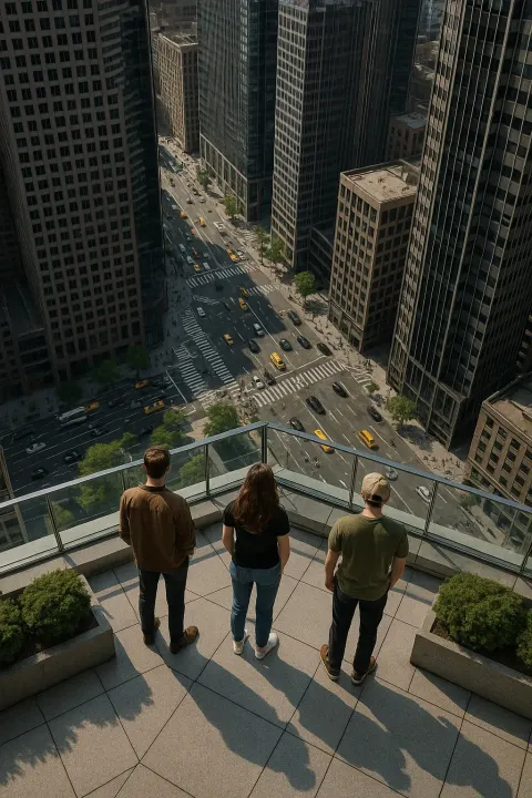 Three People Are Seen Standing on the Rooftop