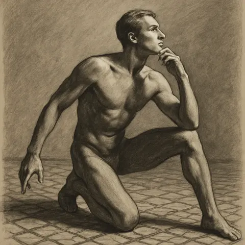 Figure Assumes a Fluid Kneeling Posture on a Floor