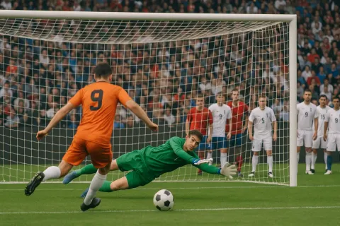 Soccer Player Takes a Penalty Kick While the Goalkeeper Dives