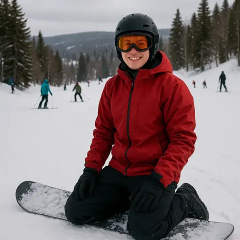 Person Kneeling Beside a Snowboard on a Snowy Slope