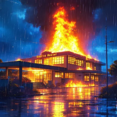 Burning Hospital in Rainy Ghibli Night