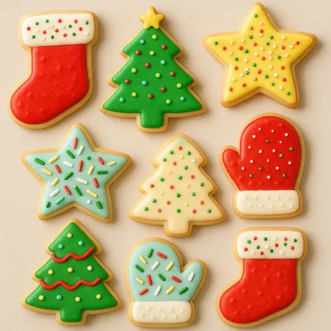 Decorated Holiday-themed Cream Cheese Sugar Cookies Shaped Like Stockings