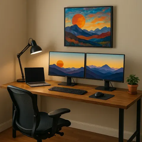 Home Office Setup with a Wooden Desk