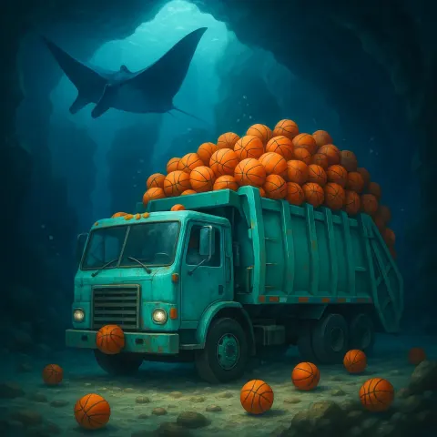 Blue-green Trash Truck Packed to the Brim with Basketballs Navigates