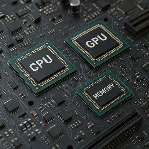 Detailed View of a Computer Motherboard Featuring Labeled CPU, GPU