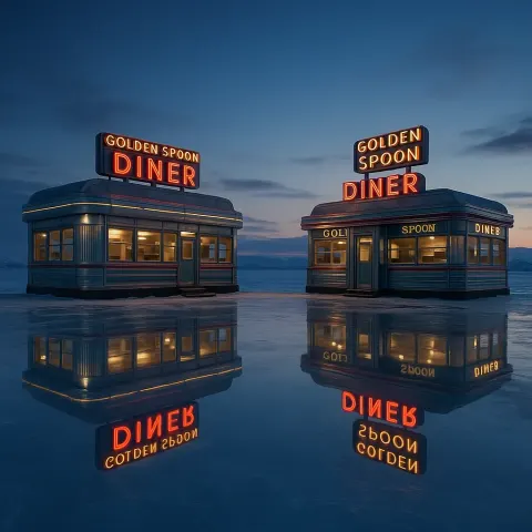 Two Varied Golden Spoon Diners Illogically Splayed in a Top-down