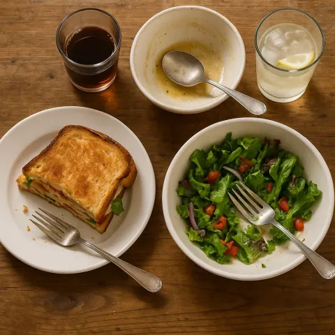 Table with Remnants of a Meal Including a Partially Eaten