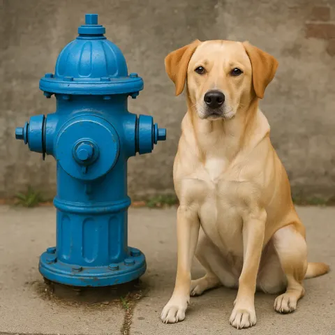 Picture Showing a Dog Seated Beside a Fire Hydrant