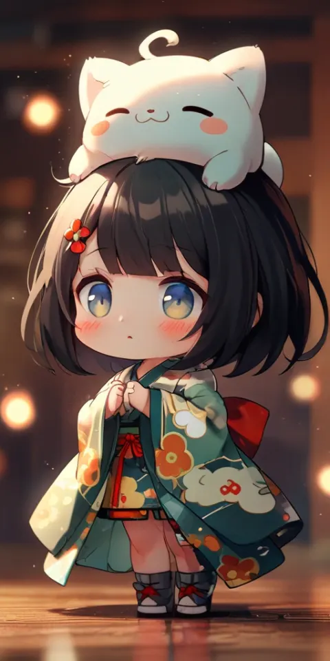 Chibi Bisque Doll in Fractal Shrine Kimono