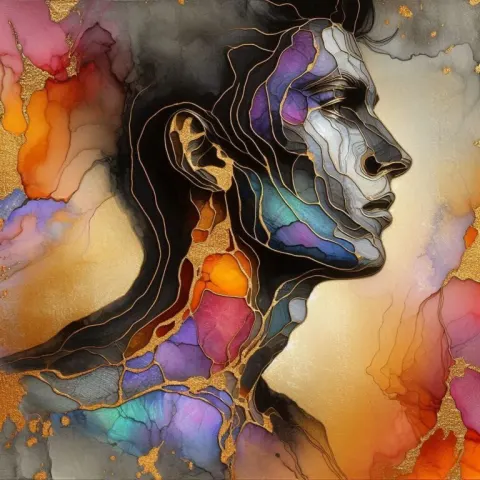 Kintsugi Mixed Media Portrait with Vibrant Colors