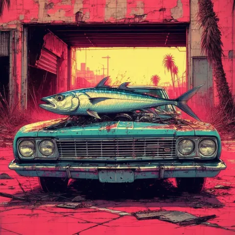 Mackerel on a Hood in Cyberpunk Decay