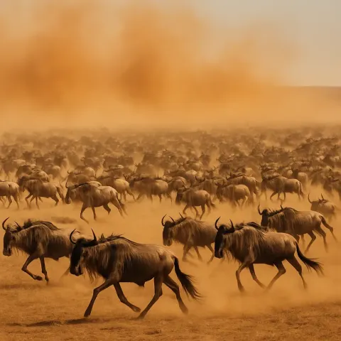 Massive Herd of Wildebeest Thunders Across a Vast