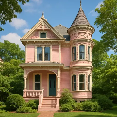 Pink Victorian-style House with Ornate Architectural Details