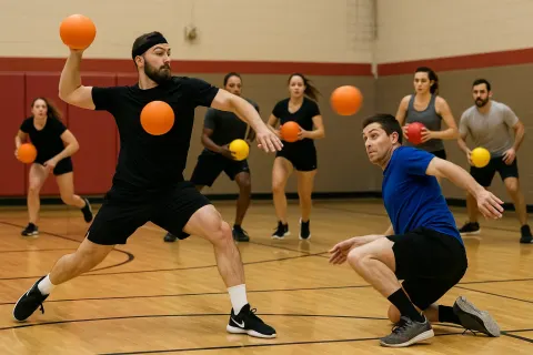Competitive Dodgeball Game in an Indoor Gymnasium with Players Actively