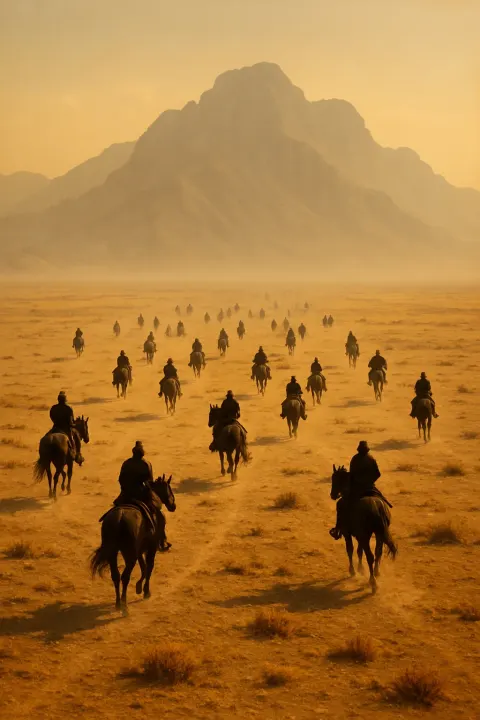 Many Distant Figures on Horseback Traverse a Vast