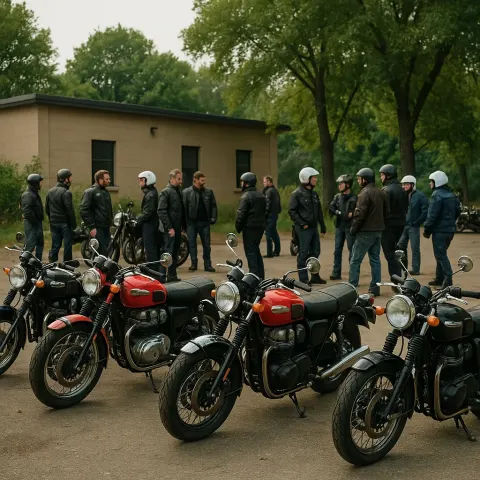 Group of Parked Motorcycles and Riders Gathered Outdoors