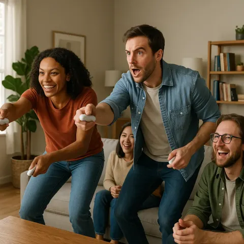 Two People Are Actively Playing a Motion-controlled Video Game