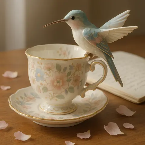 Delicate Porcelain Sculpture Showcasing a Hummingbird Resting Gracefully