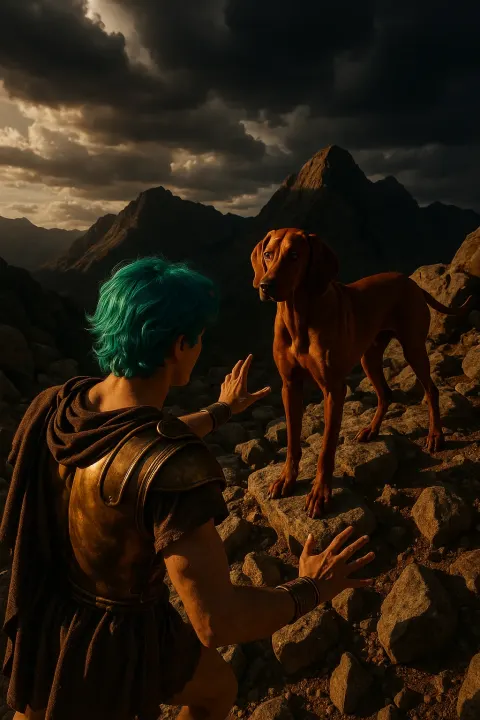 Person in Ancient Bronze Attire with Vibrant Unnatural-colored Hair Reaches