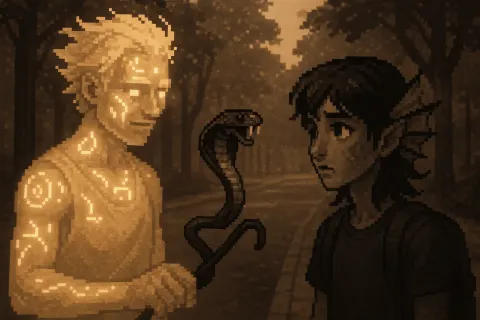 White-haired Pixel-art Figure with Glowing Skin Runes Presents a Fanged