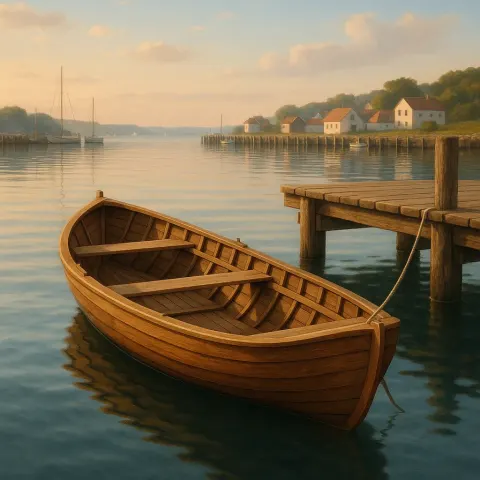Tranquil Wooden Rowboat Rests Effortlessly on Still Water