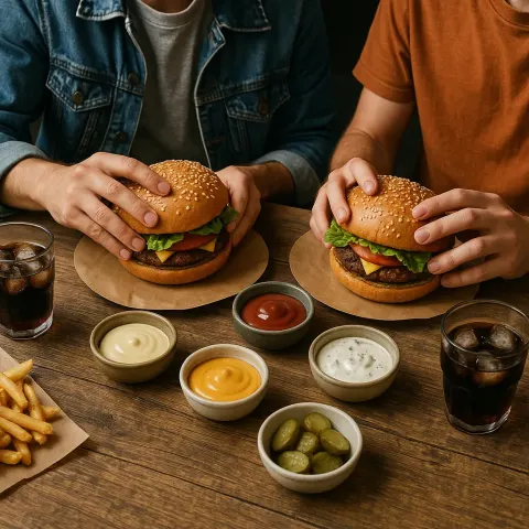 Two People Eating Burgers with Various Dips