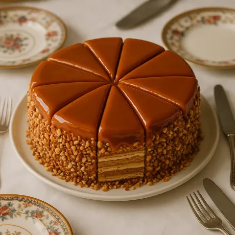 Traditional Layered Cake with Caramel-glazed Slices and Nut-covered Sides