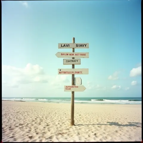 Opposing Signposts Dividing a Serene Beach
