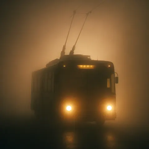 Dramatically Backlit Trolleybus Looms Through Eerie