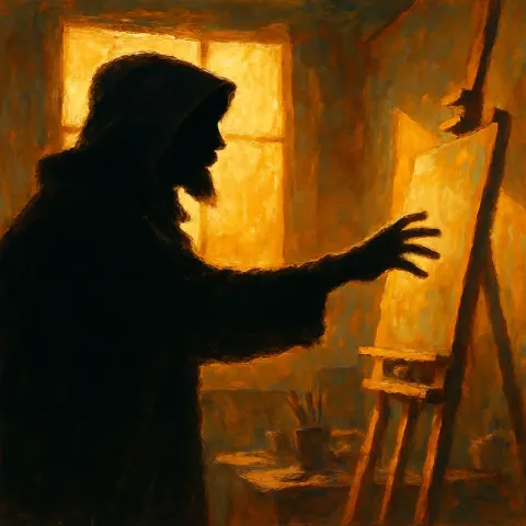 Hooded Figure Exuding Mystic Leadership and Inventive Foresight Reaches Forward
