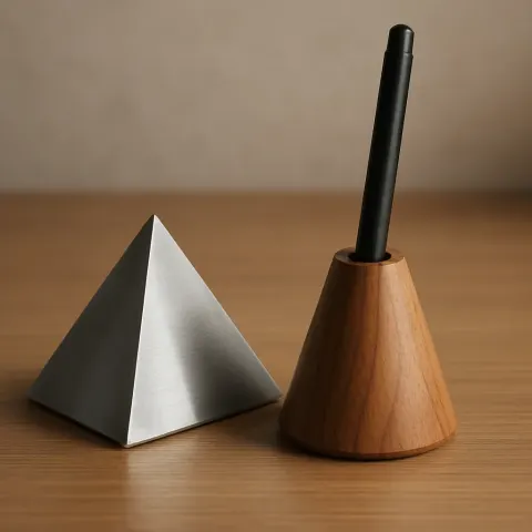 Pyramidal Paperweight Made of Metal and a Pen Holder