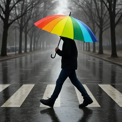 Person Holding a Rainbow-colored Umbrella Crosses a Wet Street