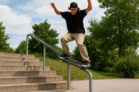 Skateboarder Performs a Grind on a Handrail Beside a Concrete