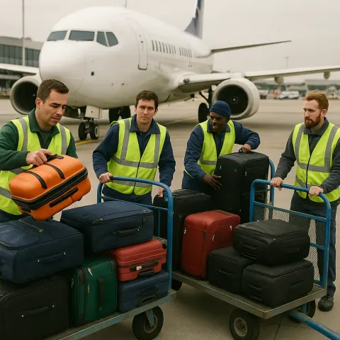 Airport Ground Staff in High-visibility Vests Loading Luggage