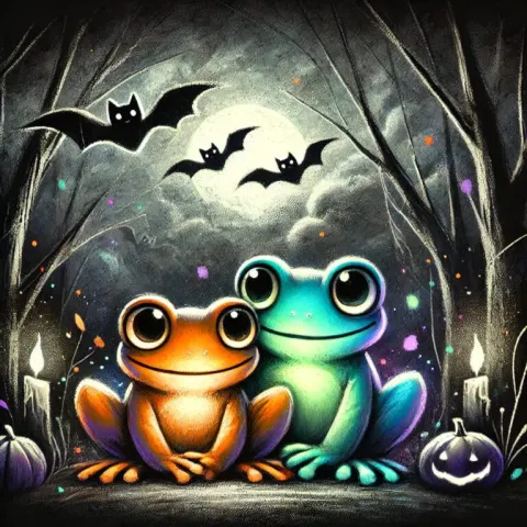 Cartoon Frogs in Mystical Halloween Forest