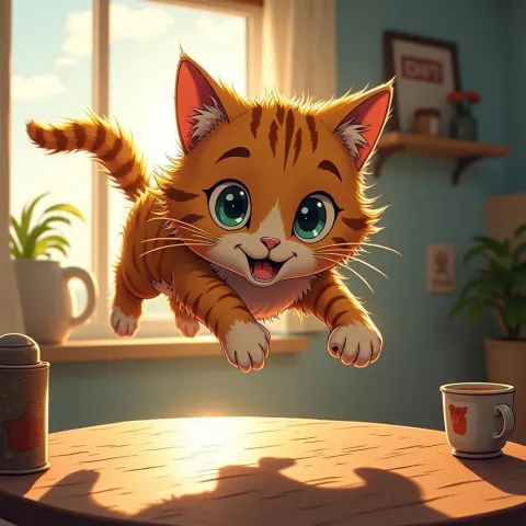 Manga Cat Leaping in Golden Hour Motion