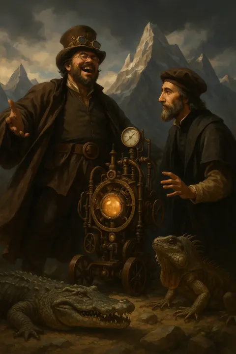 Laughing Steampunk Inventor in an Open Abaya Reveals an Anachronistic