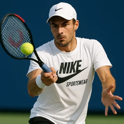 Tennis Player in a White Nike Sportswear Shirt Swings