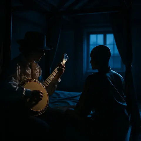Fedora-topped Musician in a Ruffled Blouse Plays a Gleaming Gold