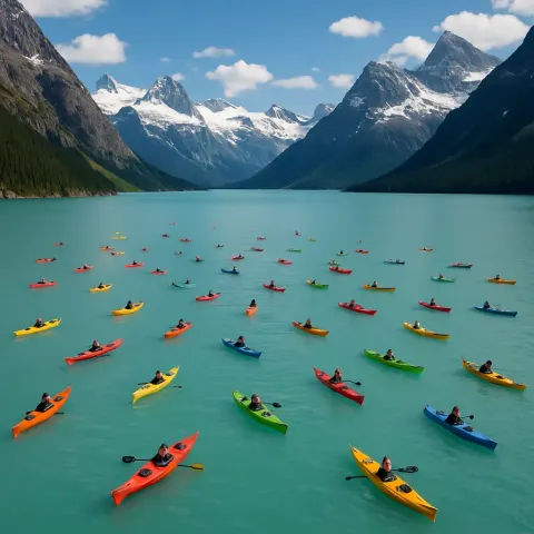 Dozens of Brightly Colored Kayaks Are Scattered Like Confetti