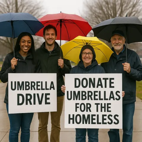 Group of People Holding Umbrellas Standing near Donation Signs