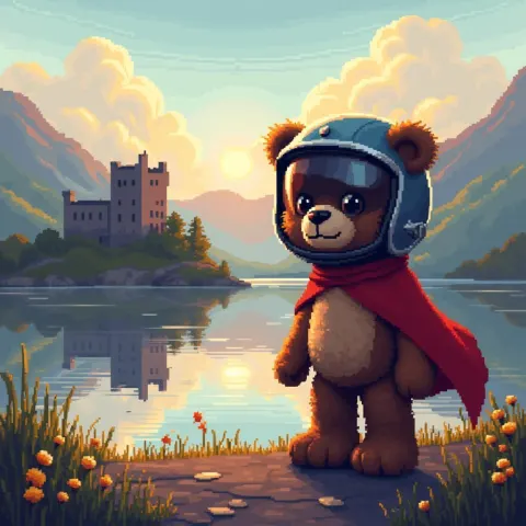 Pixel Teddy Bear Before Kilchurn Castle