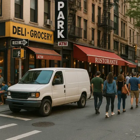 Bustling Urban Street Scene with a White Van