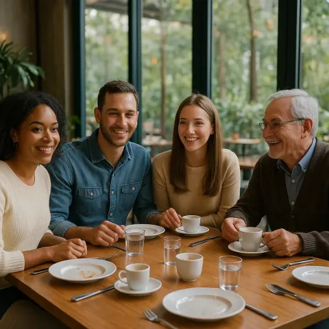 Group of People Seated Around a Dining Table with Plates