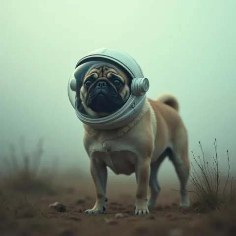 Pug in Astronaut Helmet Amid Misty Fields