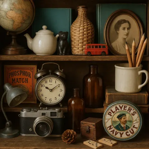 Messy Shelf Containing a Variety of Objects